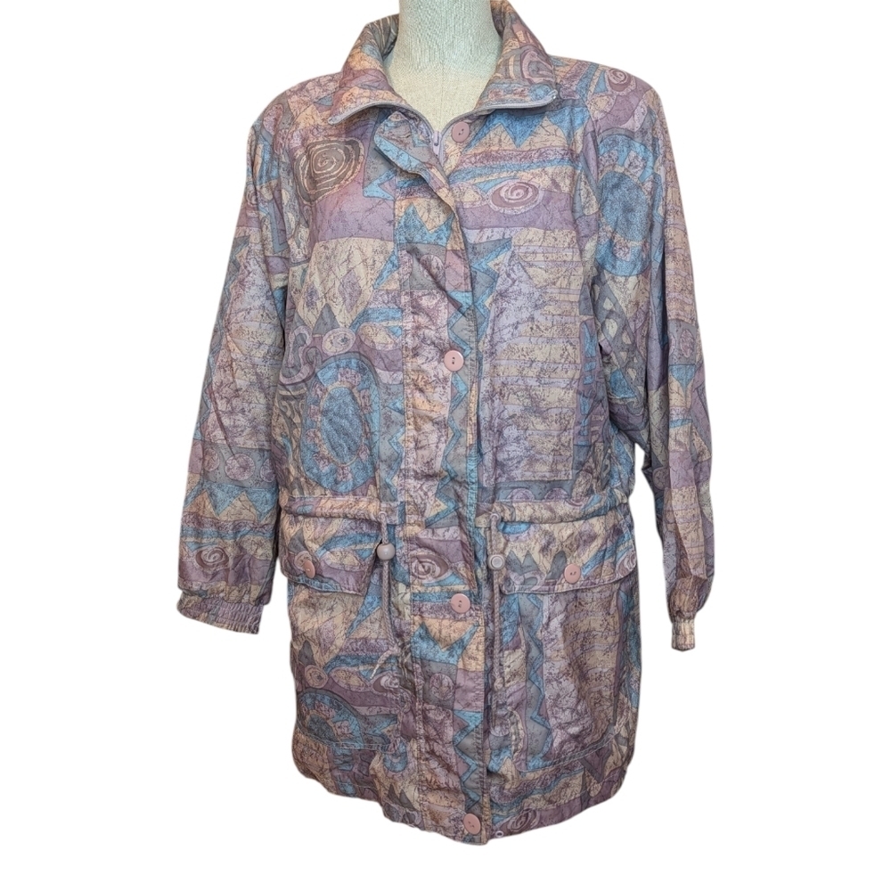 Vintage 90s Abstract Print Windbreaker Jacket Womens XL Retro Pastel